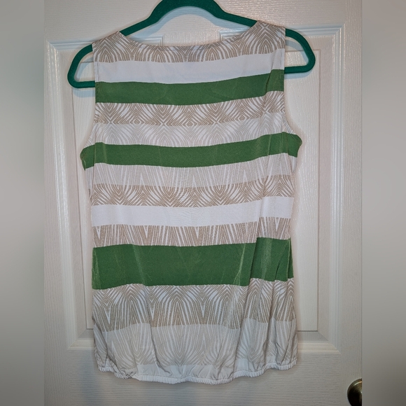 Alfani Sleeveless Pleated Blouse Women's Size 8 Scoop Neck Striped Green Tan - Picture 3 of 5